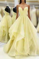 Light Yellow Tulle Straps Long Semi Formal Prom Gown, Lace-Up Tulle Evening Dresses